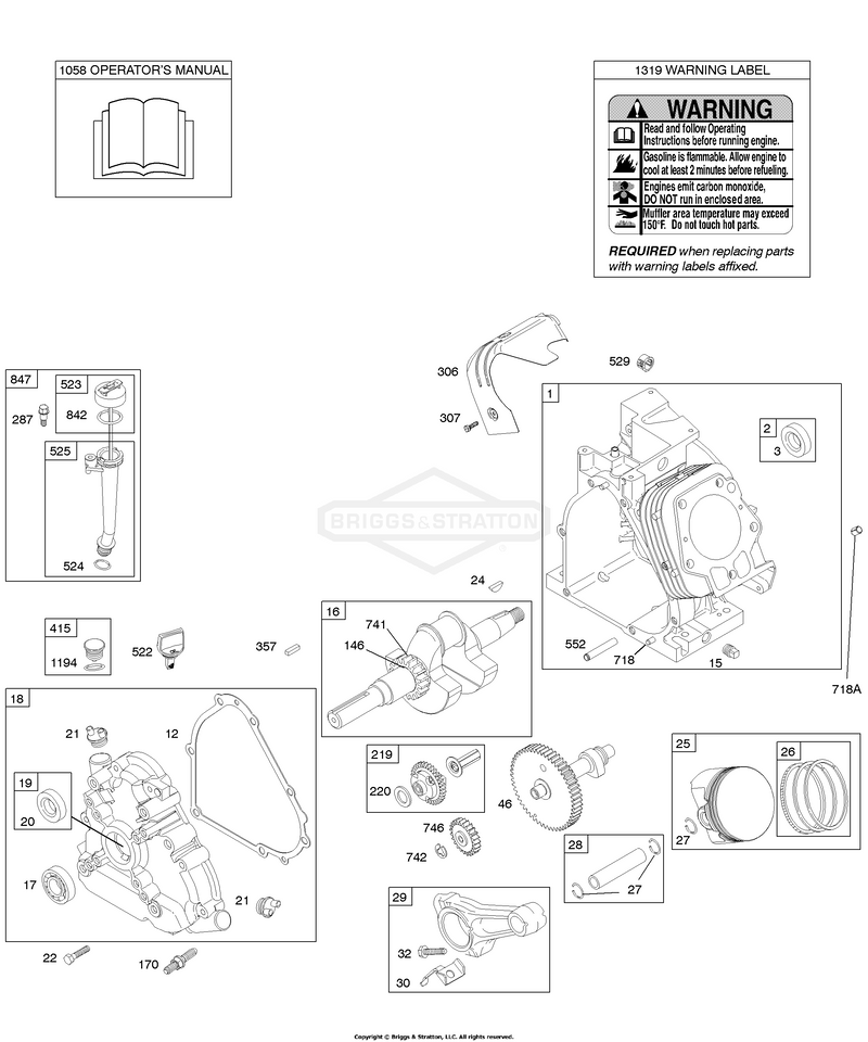 Camshaft, Crankcase Cover, Crankshaft, Cylinder, Lubrication, Operator's Manual, Piston/Rings/Connecting Rod, Warning Label