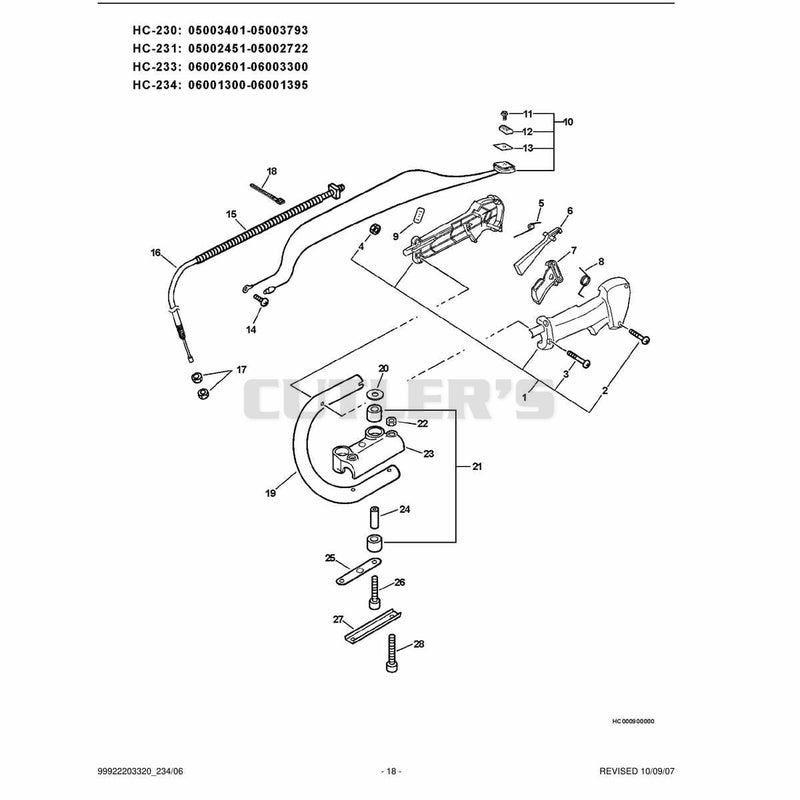 Handle, Stop Switch,Throttle Cable S/N 06001300 - 06001395