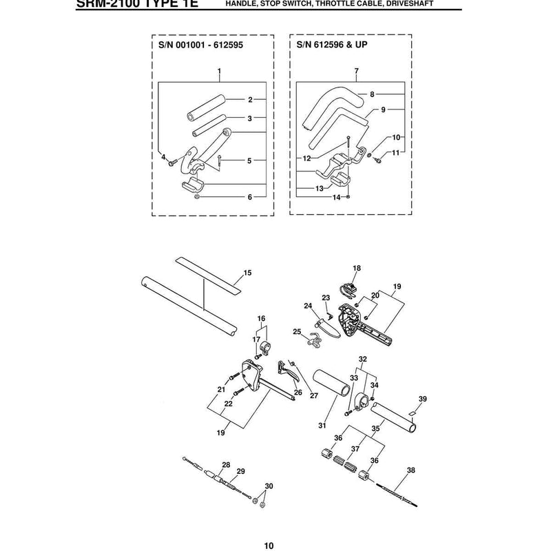 Type 1E Handle, Stop Switch, Throttle Cable, Driveshaft