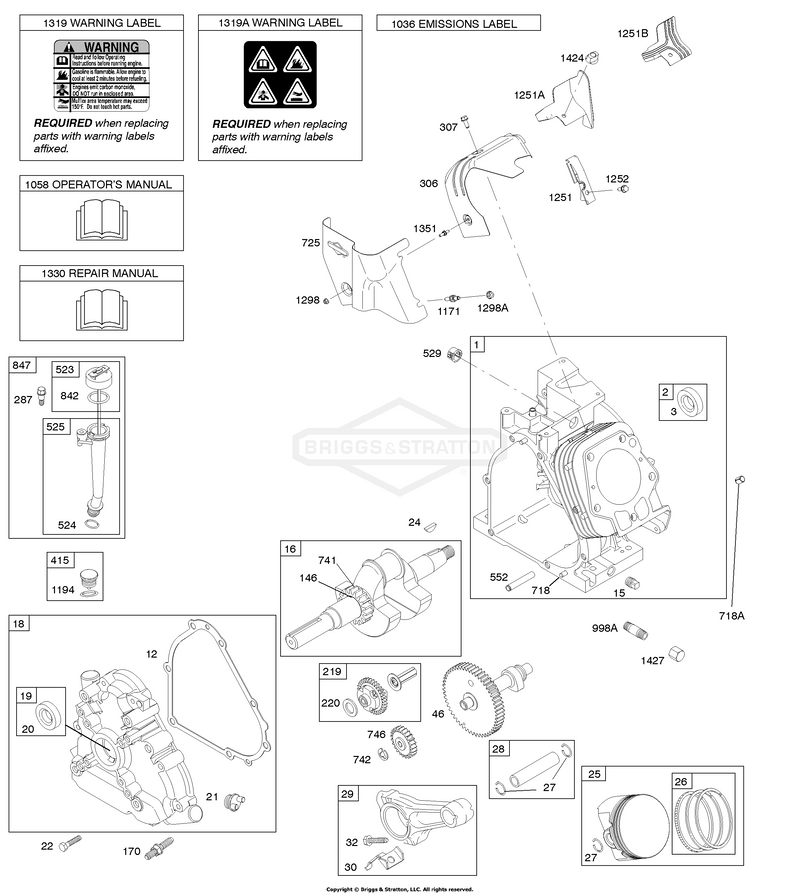 Camshaft, Crankcase Cover, Crankshaft, Cylinder, Lubrication, Operator's Manual, Piston/Rings/Connecting Rod, Warning Label