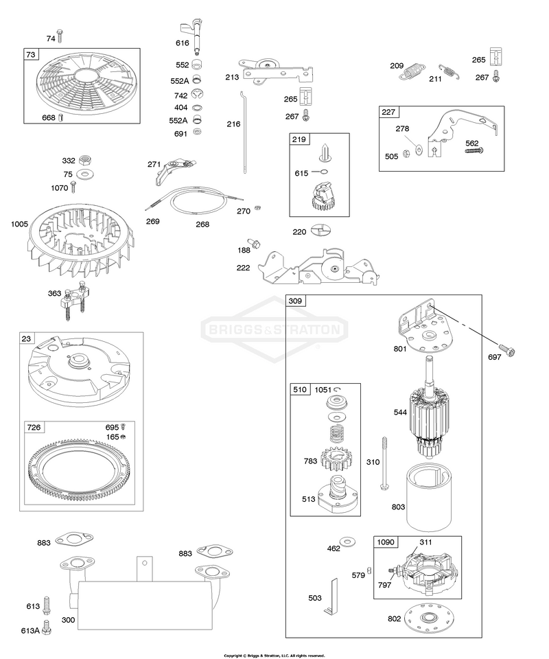 Controls, Electric Starter, Exhaust System, Flywheel, Governor Spring