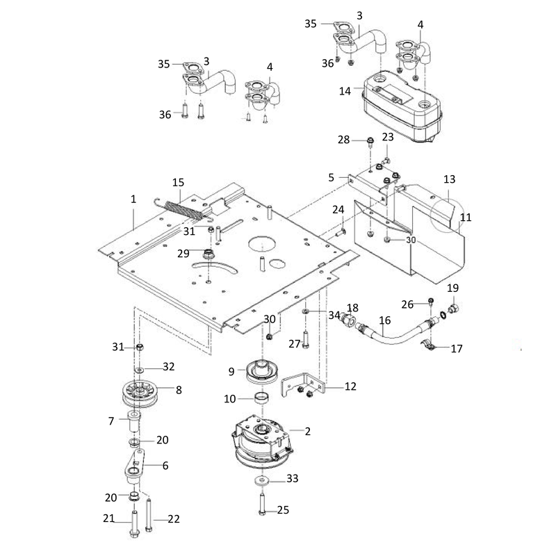 ENGINE MOUNTING, GUARDS AND MUFFLER