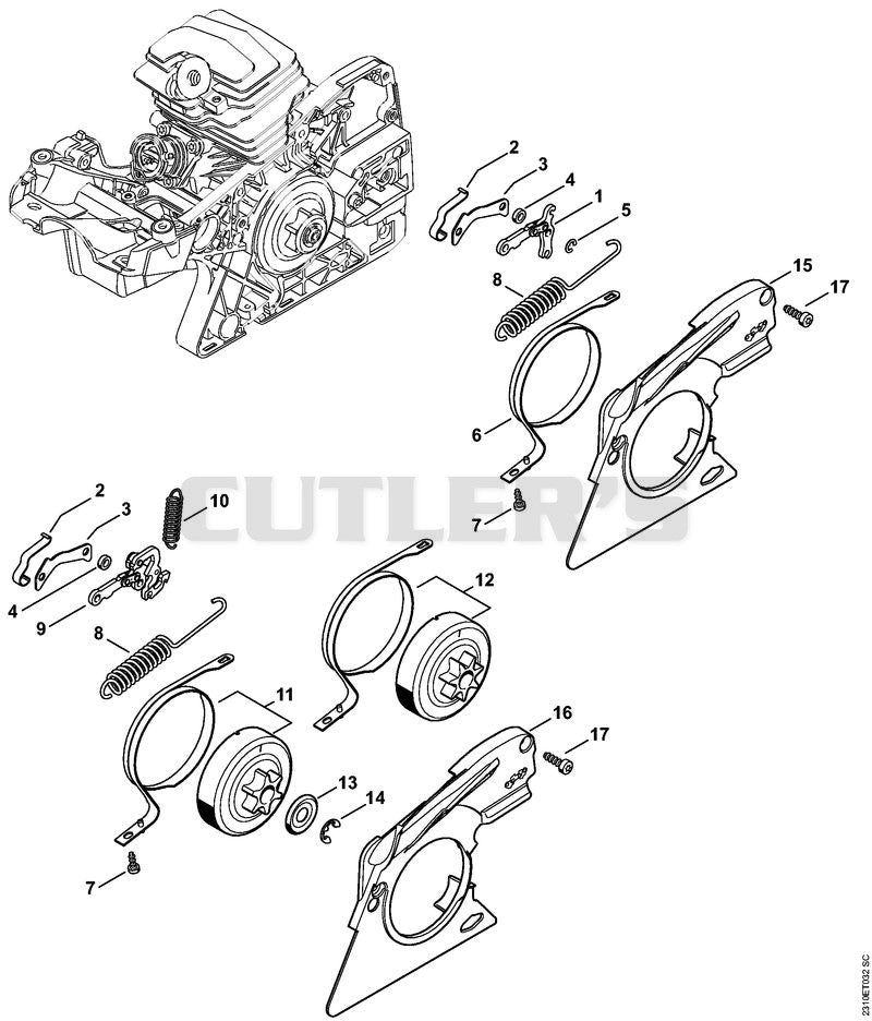 Chain brake, Chain tensioner, Chain sprocket cover