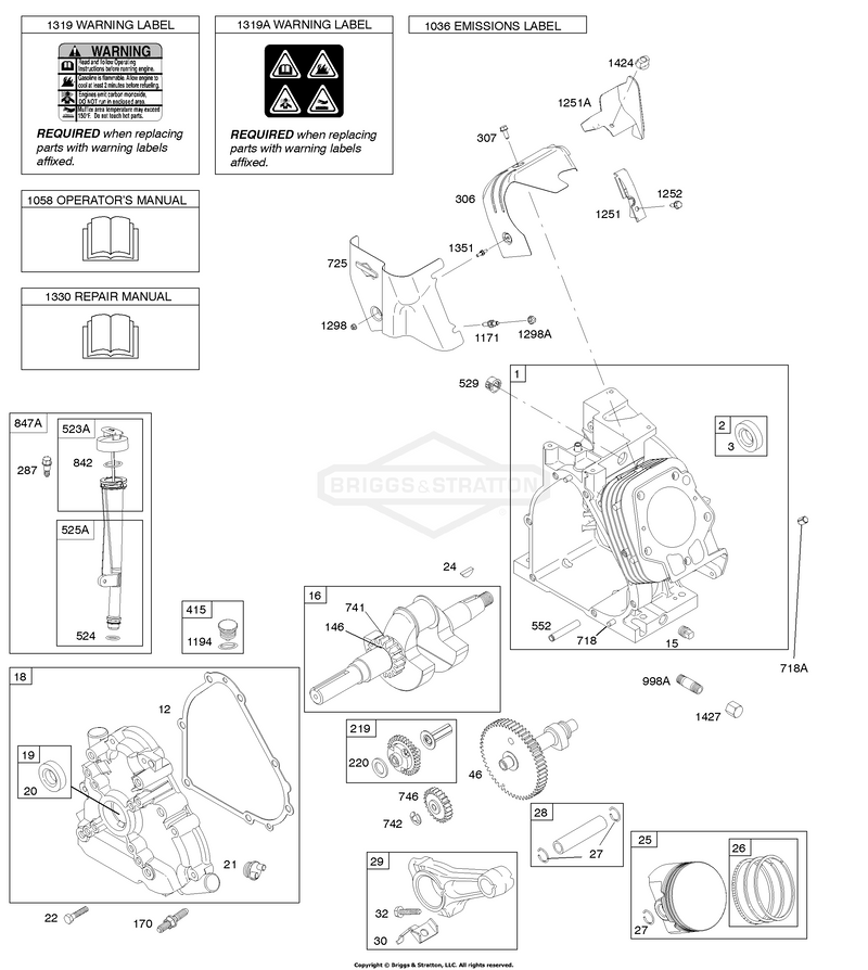 Camshaft, Crankcase Cover, Crankshaft, Cylinder, Lubrication, Operator's Manual, Piston/Rings/Connecting Rod, Warning Label