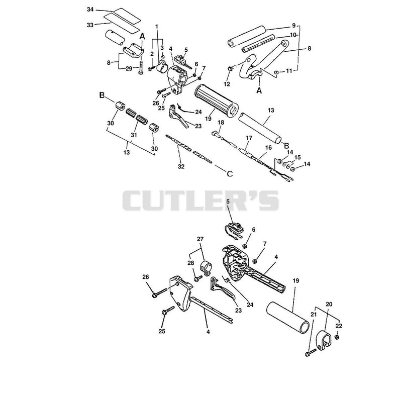DRIVE SHAFT, HANDLES, THROTTLE, STOP SWITCH
