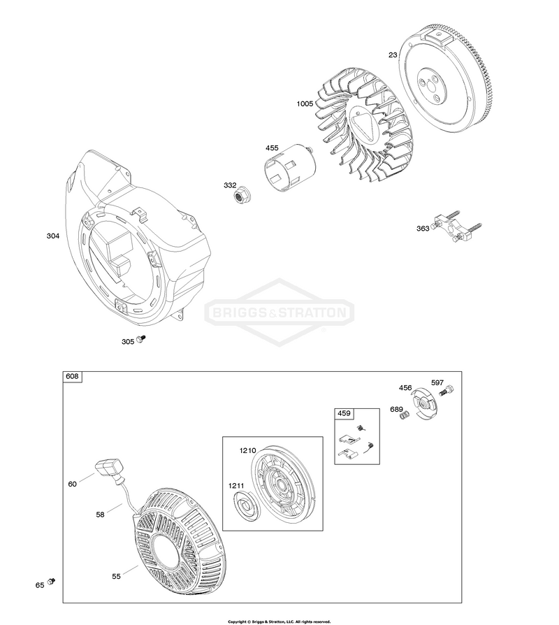 Blower Housing, Flywheel, Rewind Starter