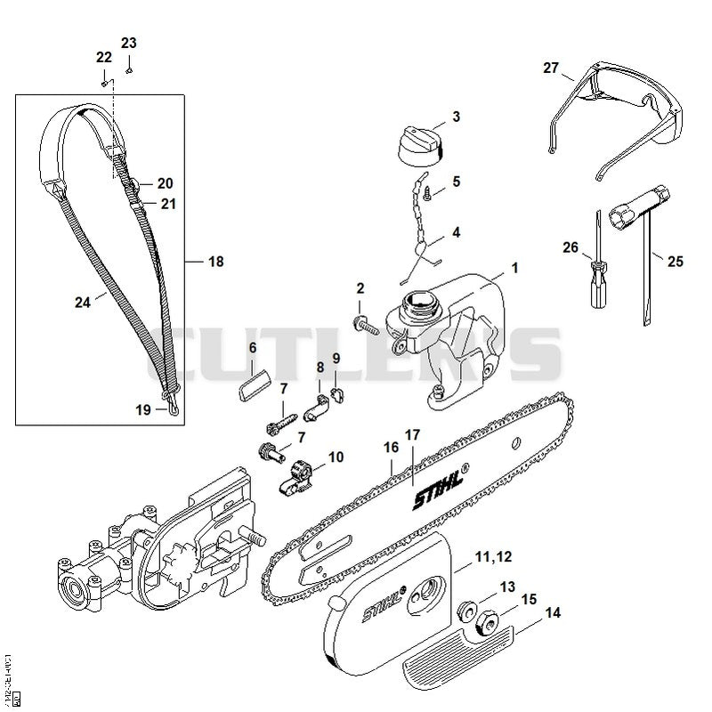 Oil tank, Chain sprocket cover, Tools