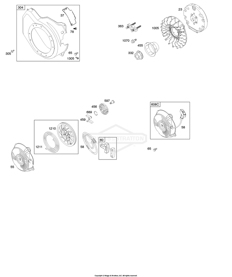 Blower Housing, Flywheel, Rewind Starter