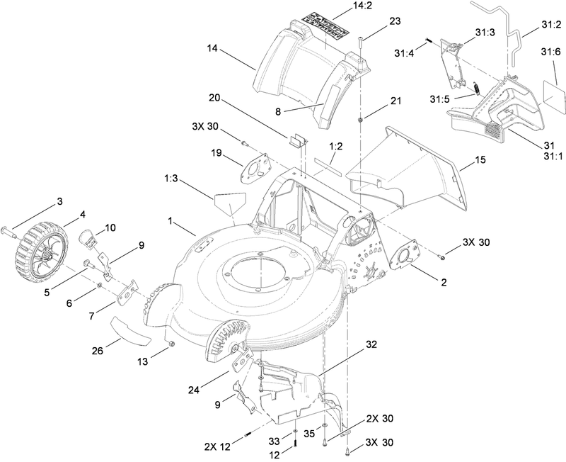Deck Housing Front Wheel and Mulch Plug Assembly