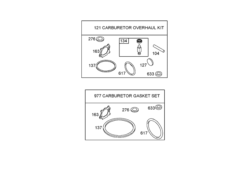 121 Cabruretor Overhaul Kit and 977 Carburetor Gasket Set Assemblies Briggs and Stratton 125K02 0194 E1