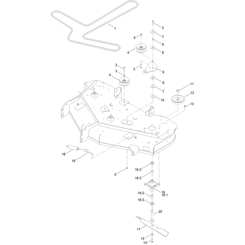 50 Inch Deck Belt, Spindle and Blade Assembly
