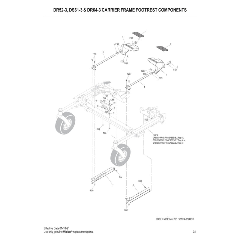 DR52-3, DS61-3 & DR64-3 CARRIER FRAME FOOTREST COMPONENTS