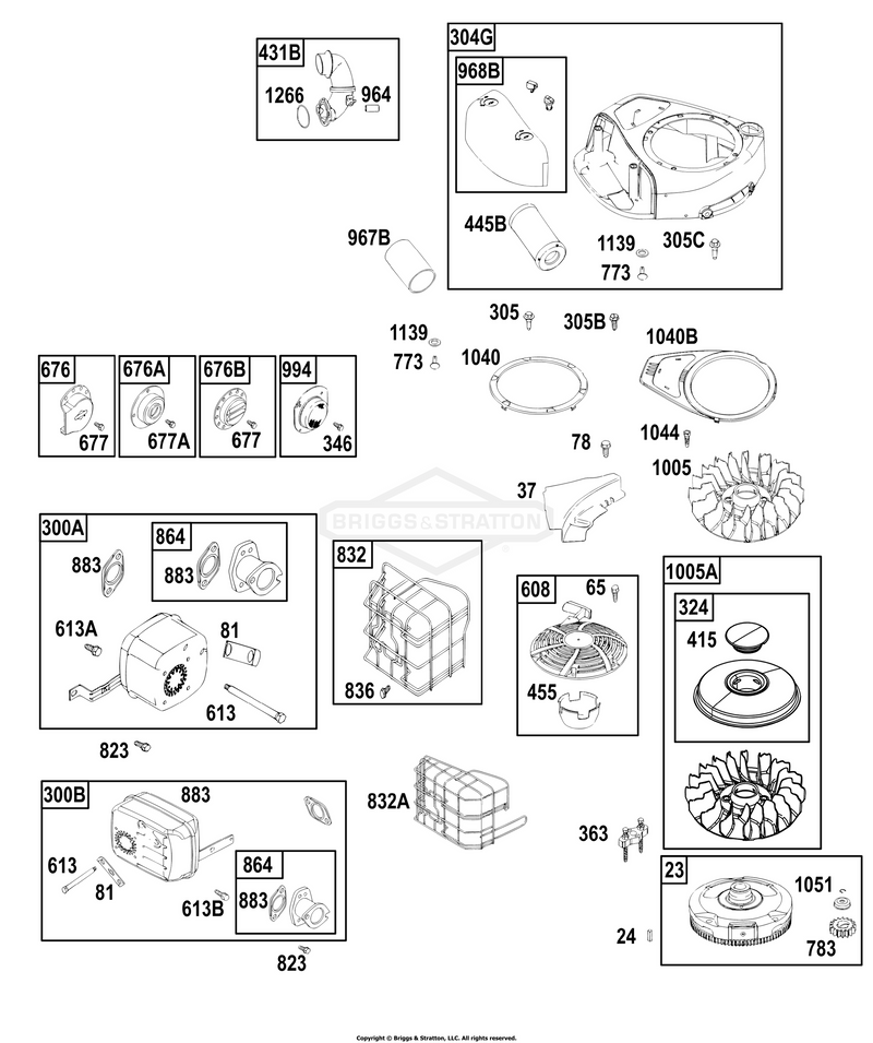 AIR CLEANER, BLOWER HOUSING, TRIM RNG, EXHAUST SYSTEM, FLYWHEEL
