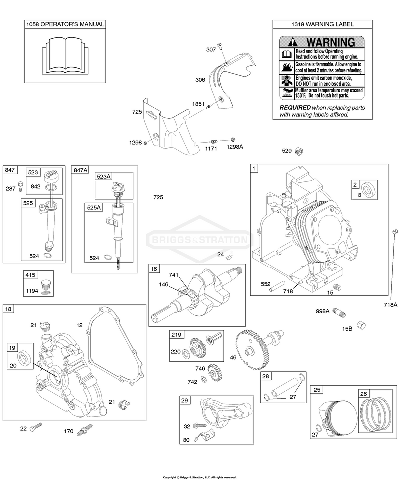 Camshaft, Crankcase Cover, Crankshaft, Cylinder, Lubrication, Operator's Manual, Piston/Rings/Connecting Rod, Warning Label