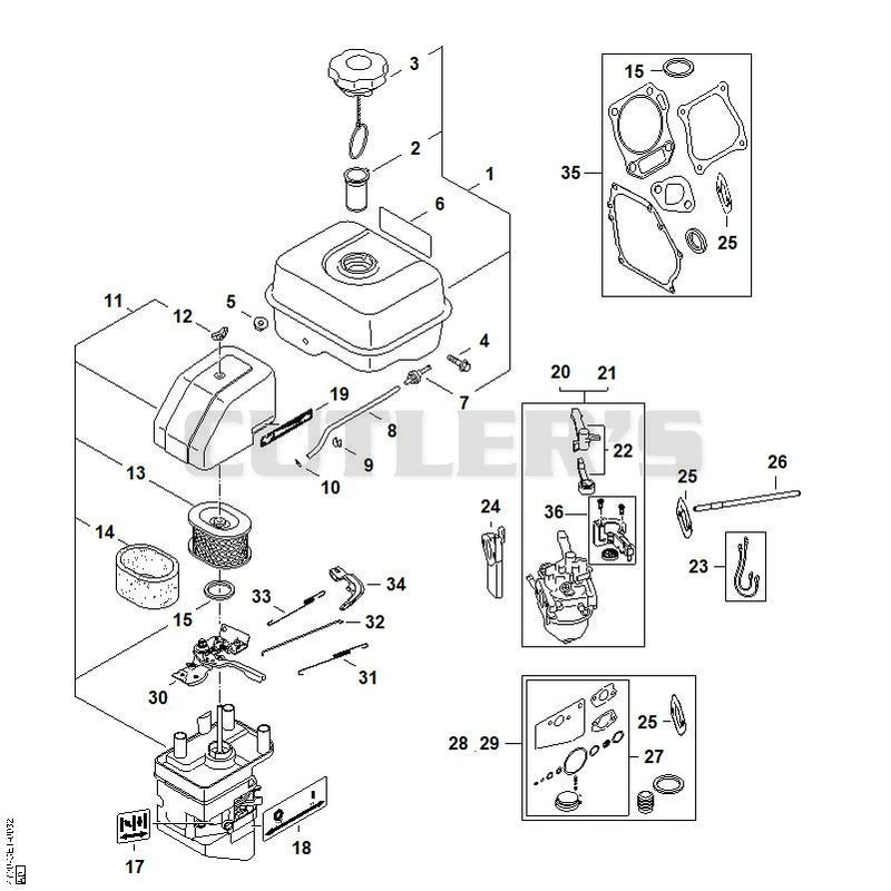 Fuel tank, Carburetor, Throttle control, Filter housing, Air filter
