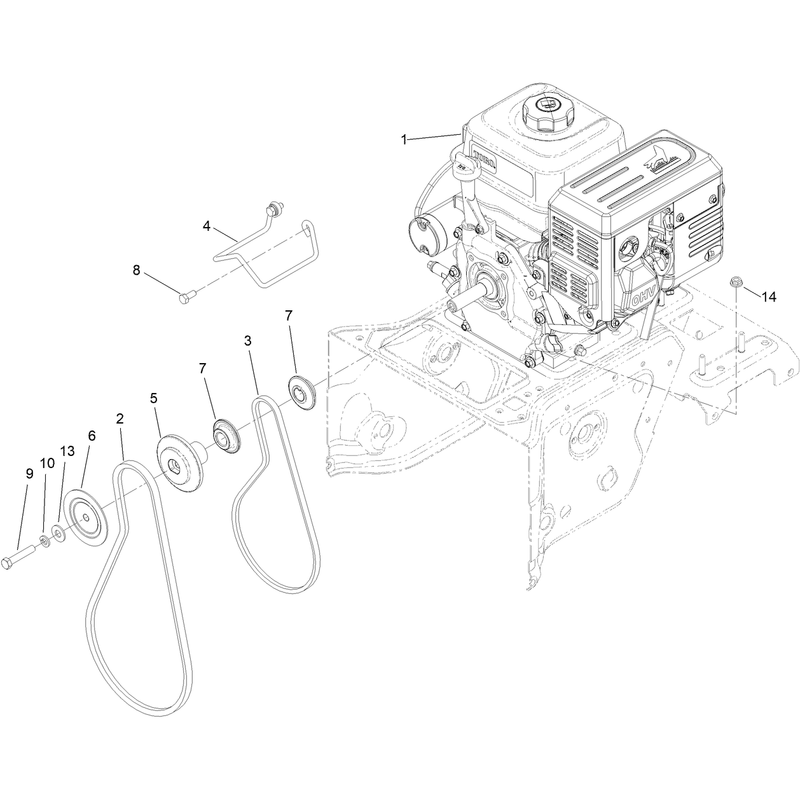 Engine, Pulley and Belt Assembly