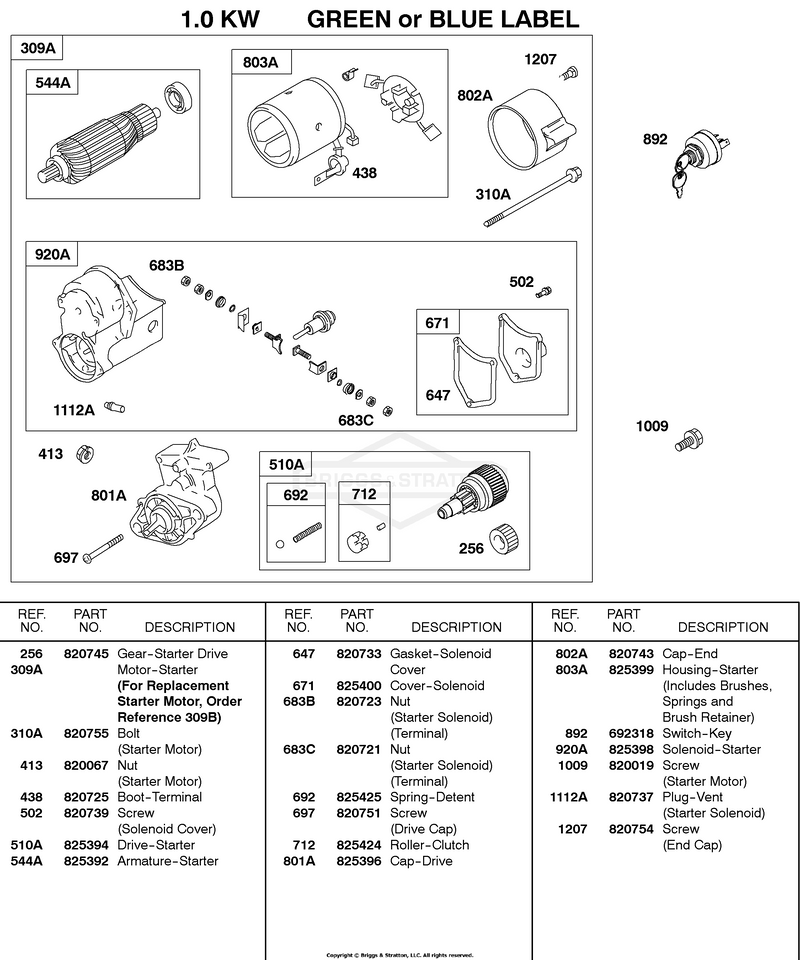 Starter Motor, 1.0KW    GREEN OR BLUE LABEL