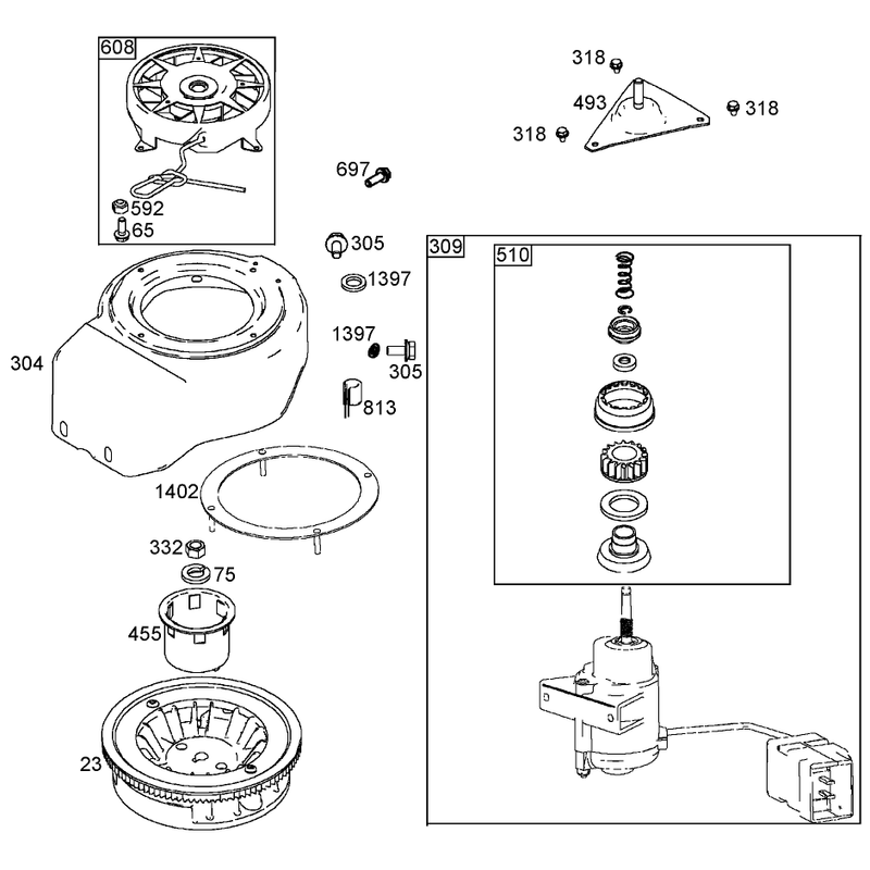 Flywheel, Blower Housing, and Starter Assemblies  Briggs and Stratton 084333-0197-E1