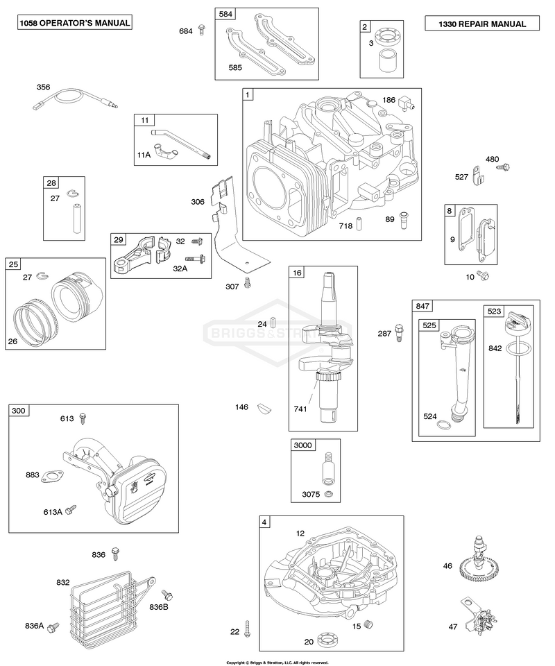 Crankcase Cover/Sump, Crankshaft, Oil, Cylinder, Piston/Rings, Muffler
