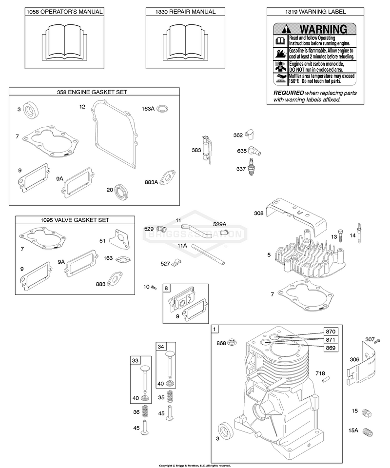 Camshaft, Cylinder, Cylinder Head, Gasket Sets, Operator's Manual, Repair Manual, Warning Label