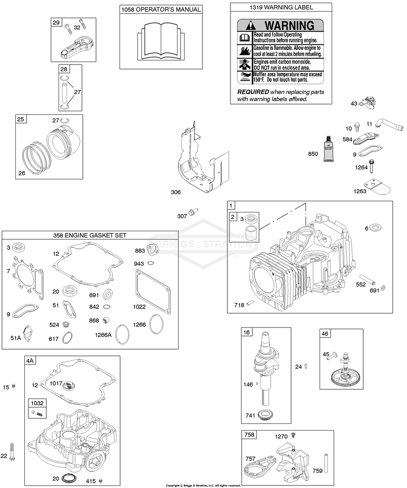 Camshaft, Crankshaft, Cylinder, Engine Sump, Gasket Set - Engine, Operator's Manual, Pistons, Rings, Connecting Rod, Warning Label