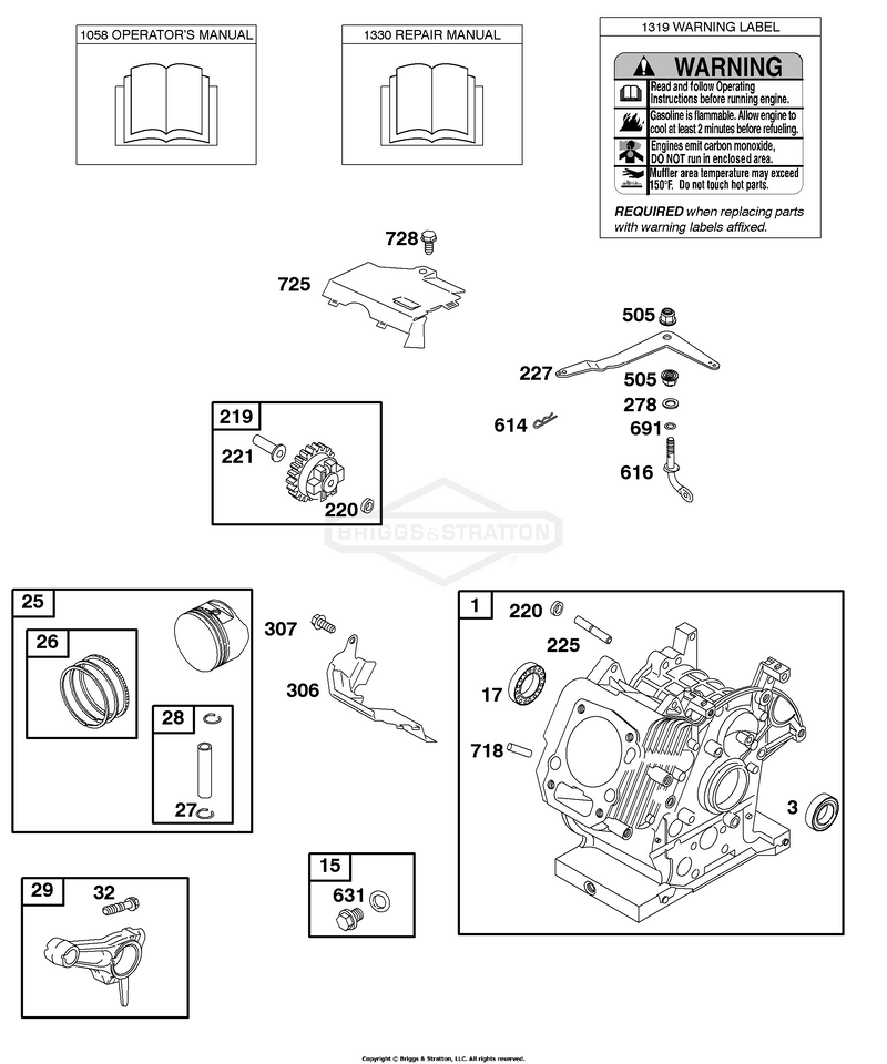 Cylinder, Operator's Manual, Piston, Rings, Connecting Rod, Warning Label