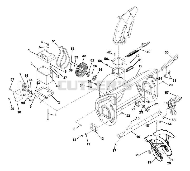 chute, auger and battery