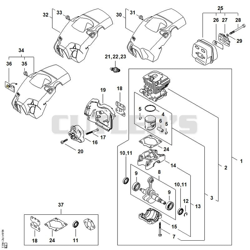 Crankcase, Cylinder, Muffler, Shroud