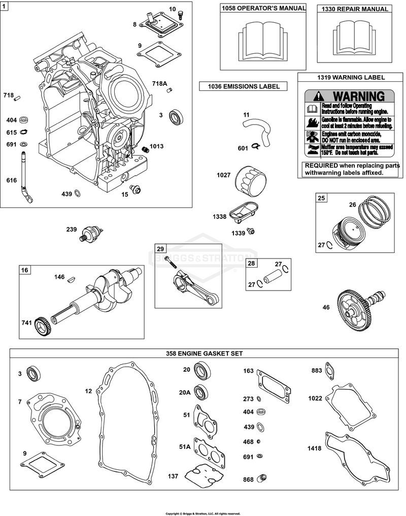 Cylinder, Crankshaft, Pistons/Rings/Connecting Rods, Engine Gasket Set, Repair Manual, Operator's Manual