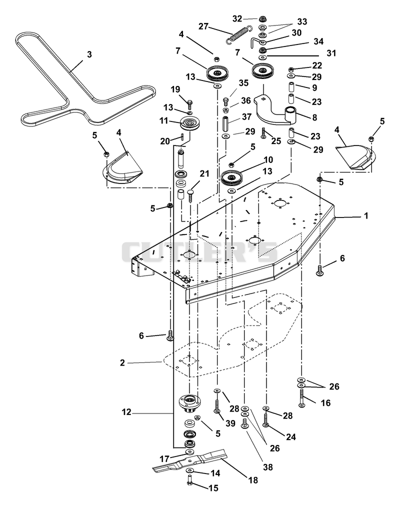 Mower Deck, Belt, Idlers And Blades (SN 025000 & Up)