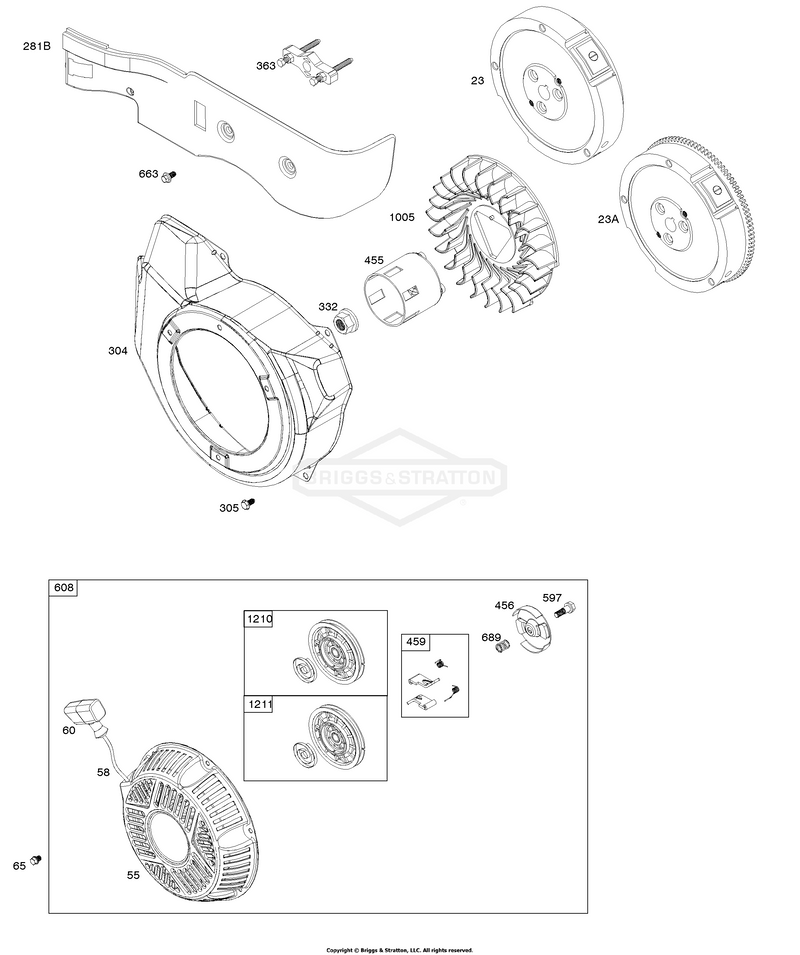 Blower Housing, Flywheel, Rewind Starter