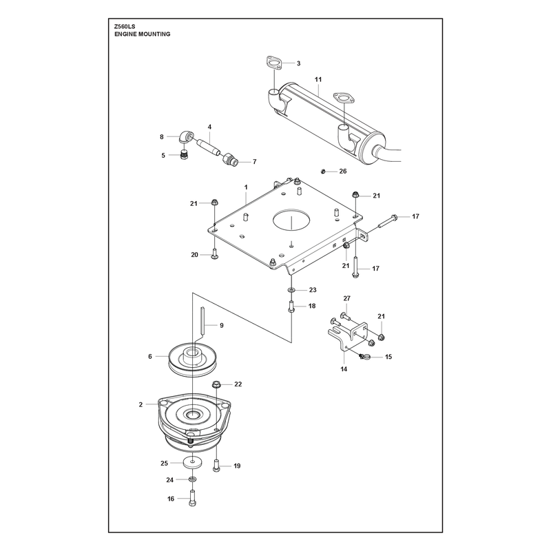 ENGINE MOUNTING, GUARDS AND MUFFLER