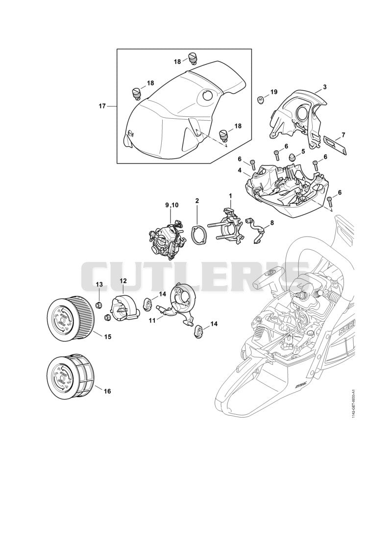 Carburetor bracket, Air filter, Shroud M-Tronic