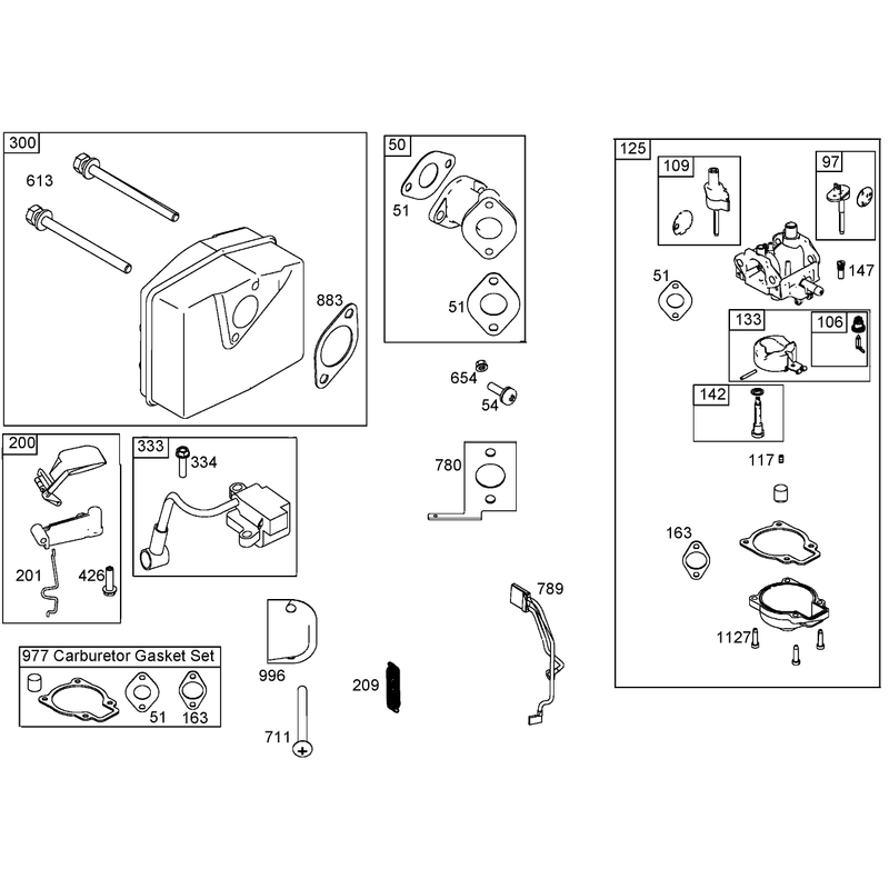 Intake Manifold, Carburetor, and Muffler Assemblies  Briggs and Stratton 084332-0130-E1