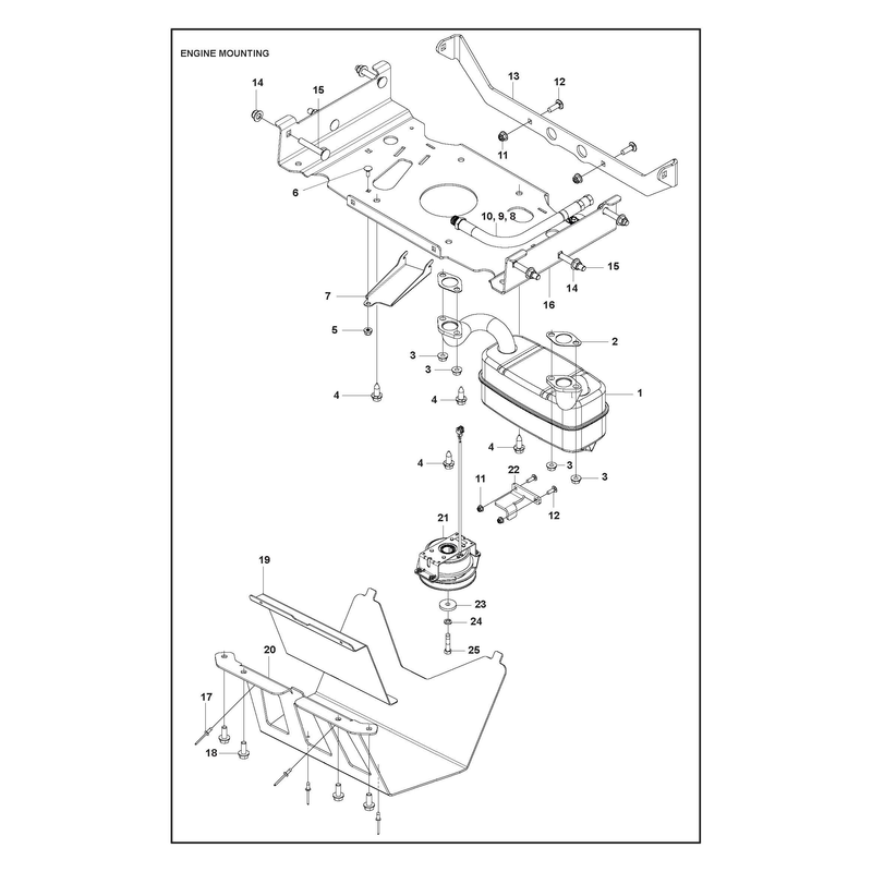 ENGINE MOUNTING, GUARDS AND MUFFLER