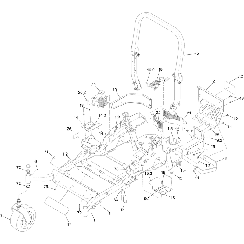Frame, Roll-Over Protection System and  Caster Wheel Assembly