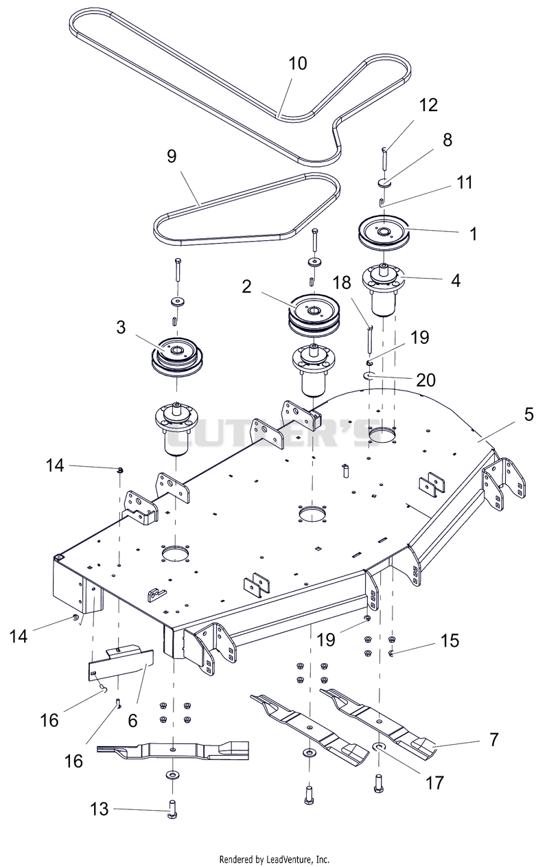 Deck, Belts, Baffle, Blades and Spindles - 52"