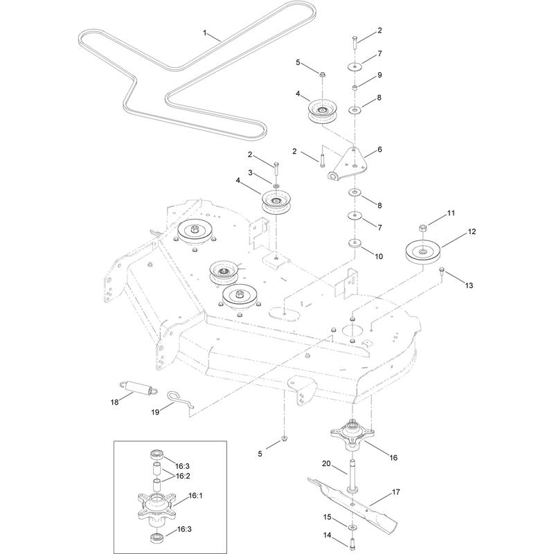 50 Inch Deck Belt, Spindle and Blade Assembly