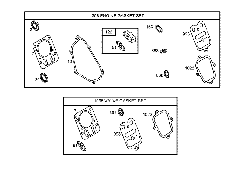 358 Engine Gasket Set and 1095 Valve Gasket Set Assemblies Briggs and Stratton 126302 0245 E1