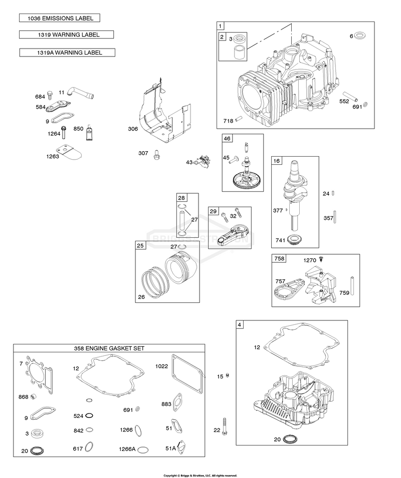 CRANKSHAFT, CYLINDER, ENGINE SUMP, GASKET SET-ENGINE, OPERATOR'S MANUAL, PISTON, RINGS, CONNECTING ROD, WARNING LABEL