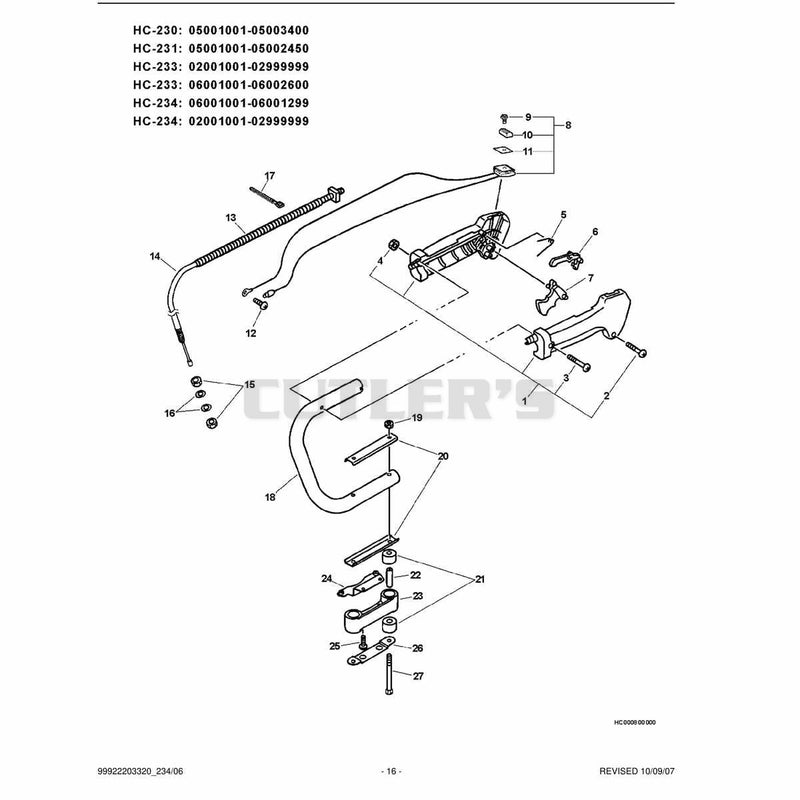 Handle, Stop Switch,Throttle Cable S/N 06001001 - 06001299