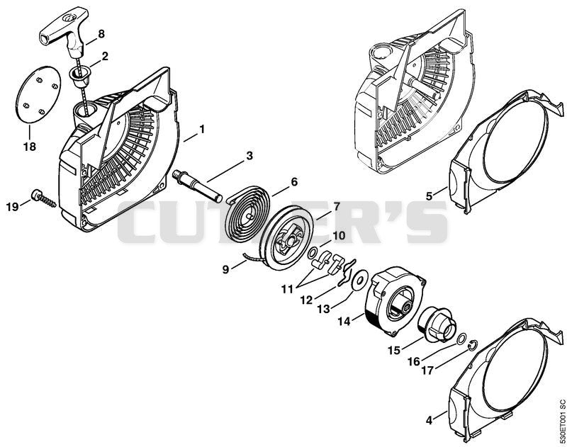 Fan housing with rewind starter