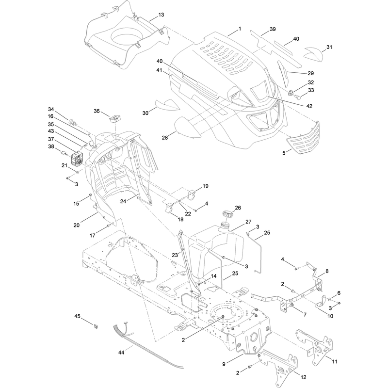 Fuel Tank, Hood and Dash Assembly