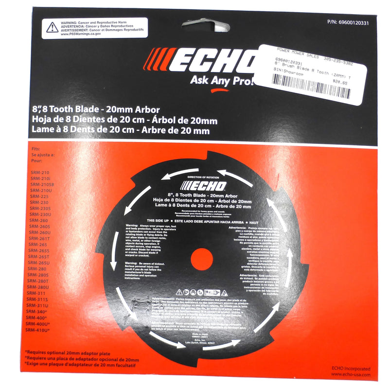 Echo 69600121431 8" 8-Tooth Grass and Weed Trimmer Blade with 25mm Arbor for SRM Trimmers and Brushcutters