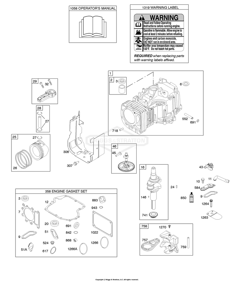 Camshaft, Crankshaft, Cylinder, Operator's Manual, Piston, Rings, Connecting Rod, Warning Label