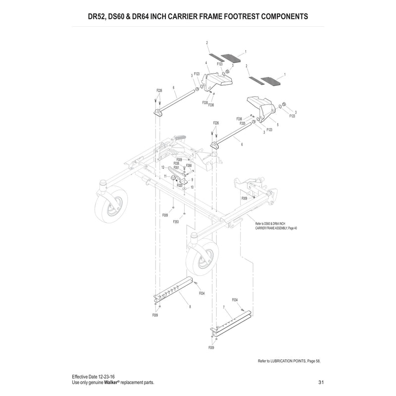 DR52, DS60 & DR64 INCH CARRIER FRAME FOOTREST COMPONENTS