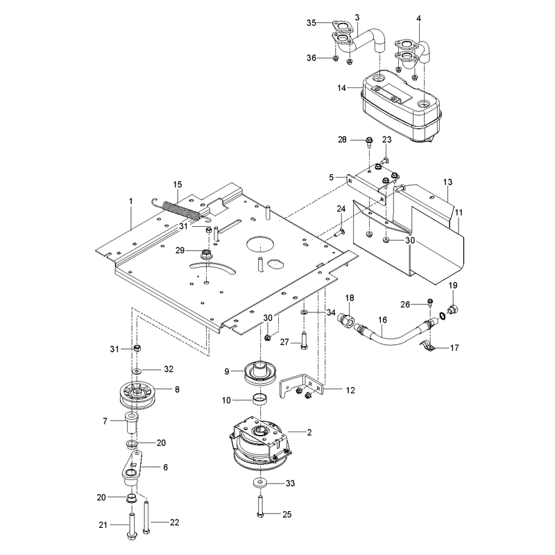 ENGINE MOUNTING, GUARDS AND MUFFLER