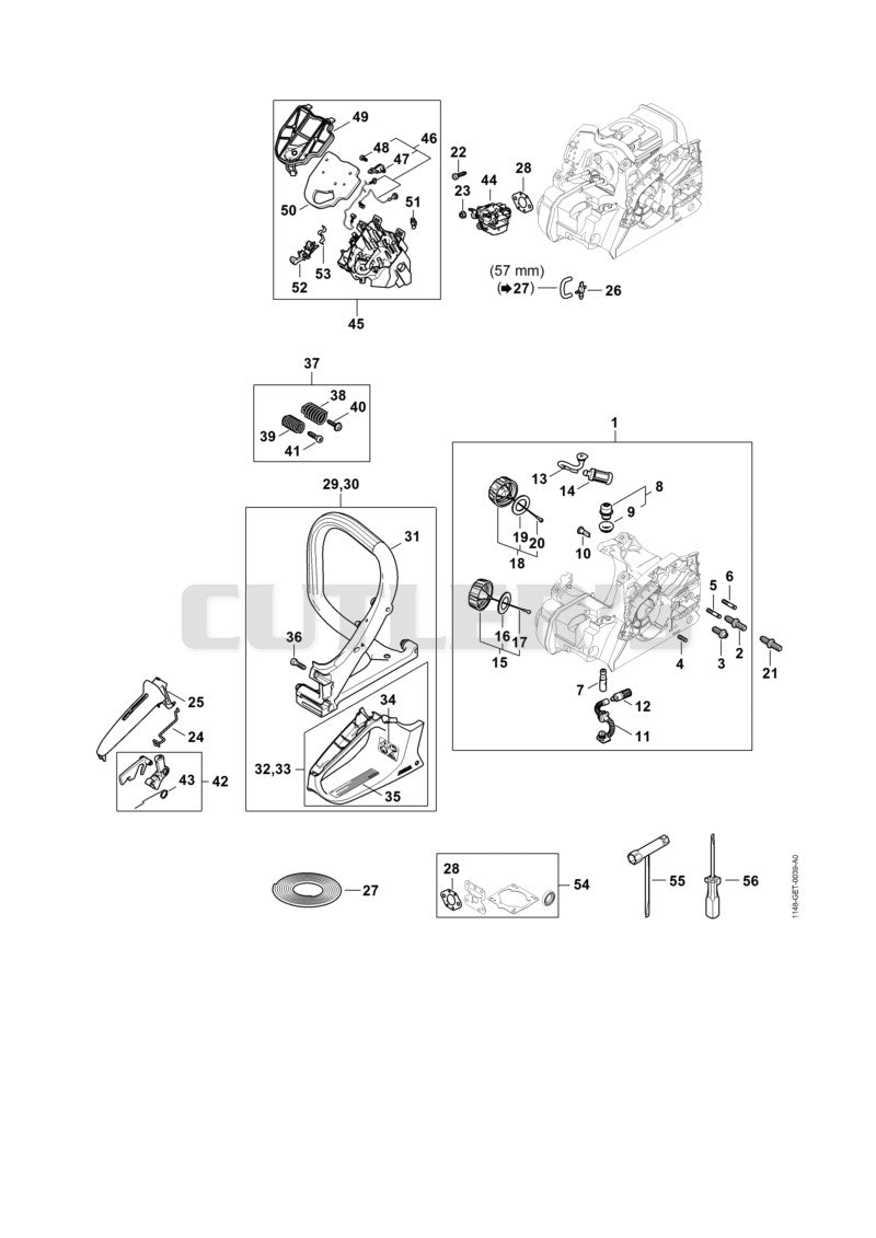 Engine housing, Air filter, AV system, Handlebar