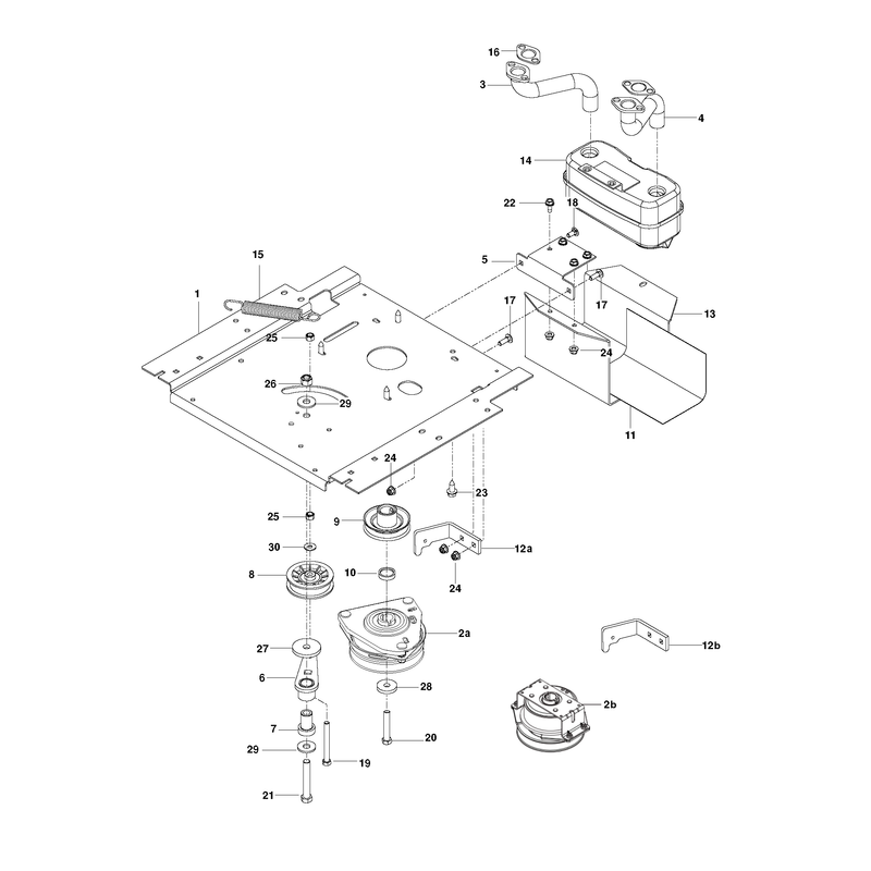 ENGINE MOUNTING, GUARDS AND MUFFLER