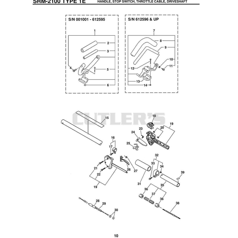 Type 1E Handle, Stop Switch, Throttle Cable, Driveshaft